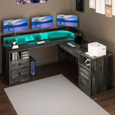  Bureau en L de 60 po avec prise de courant, plateau relevable et lumières DEL