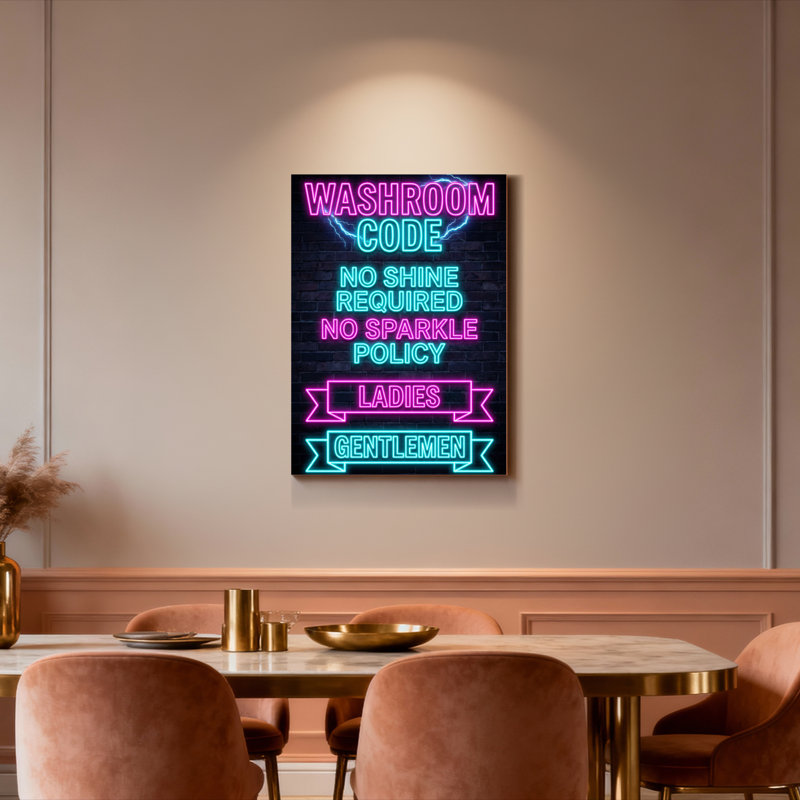 Tableau mural en toile tendue avec panneau lumineux néon « Code des toilettes », effet d'éclairage rose et bleu, pour la décoration de la salle de bain