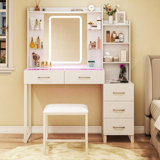 Makeup Vanity With Glass Top & Wireless Charging, Stool Included