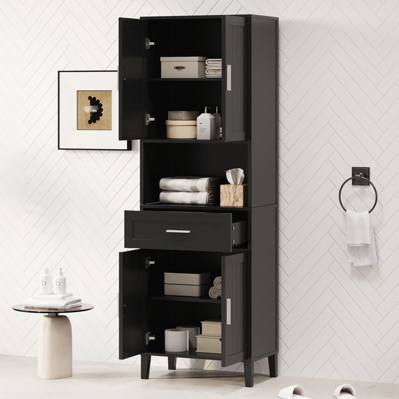 Grande armoire de rangement de 70,9 po avec 1 tiroir, 4 portes à fermeture en douceur, 2 tablettes réglables, une tablette centrale ouverte, une élégance moderne, un meuble-lavabo à surface d'eau, fonctionnement silencieux