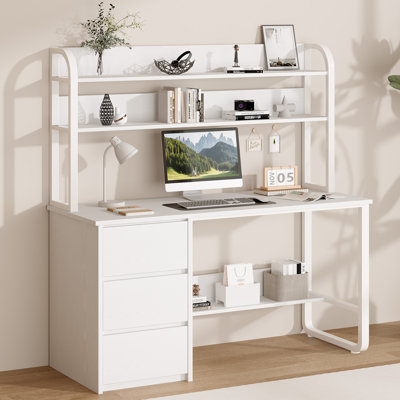 Computer Desk with Hutch and Shelves, 60 Inch Office Desk with 3 Drawers for Small Places, Study Writing Desk with Storage for Bedrrom, Adjustable Feet