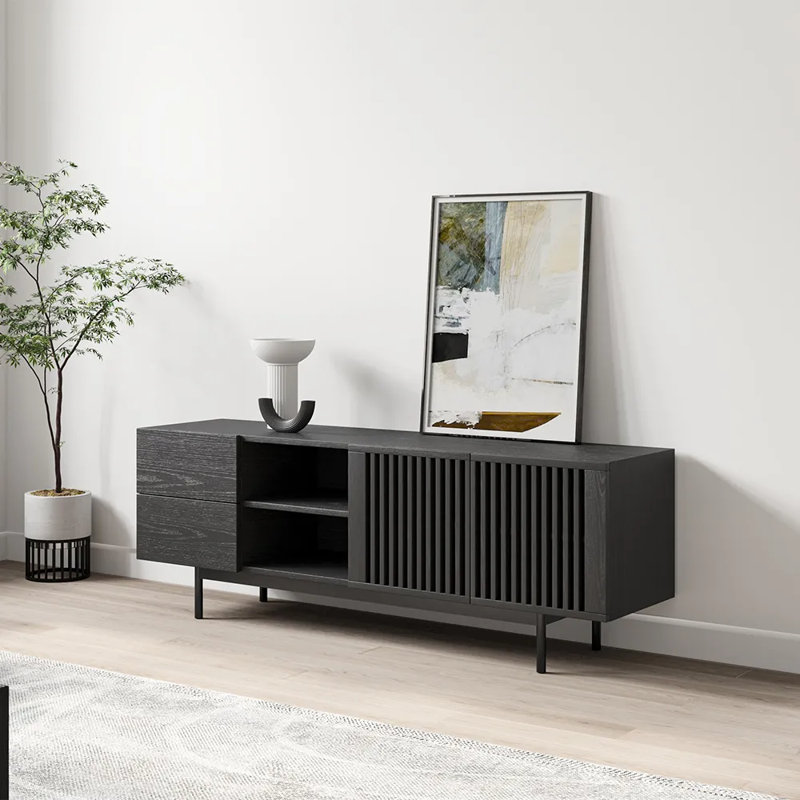 Mid-Century Modern TV Stand, Pre-Assembled, Black, 21.65"H x 62.99"L x 15.75"W