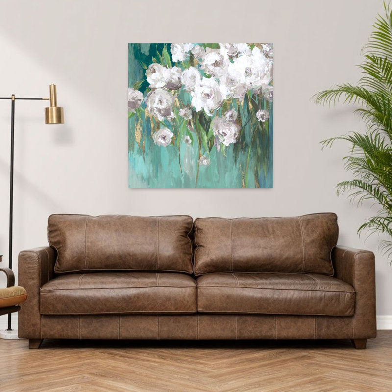 Roses sur fond bleu sarcelle III, art floral élégant et impressionniste, H 36 po x l 36 po