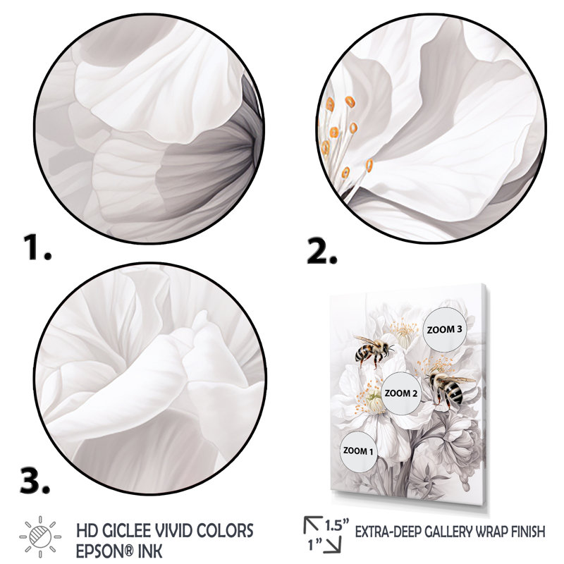 «White Buzzing Bees Flowers 1», art mural insectes et insectes, Cadre flottant doré, H 32 po x l 24 po