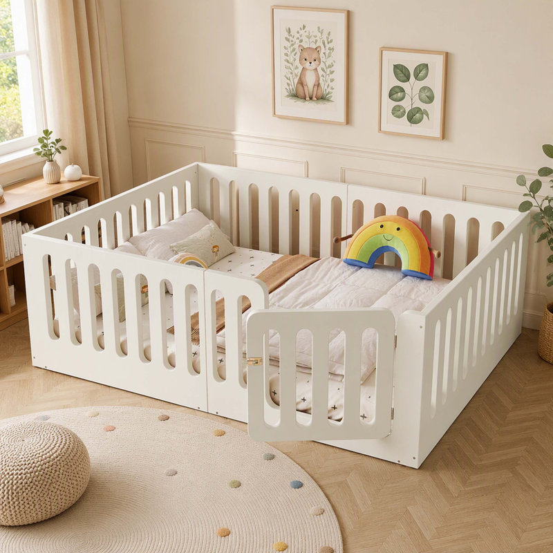 Lit Montessori au sol en bois massif pour enfants, cadre de lit bas avec barrière de sécurité haute et porte intégrée, sans sommier, beige