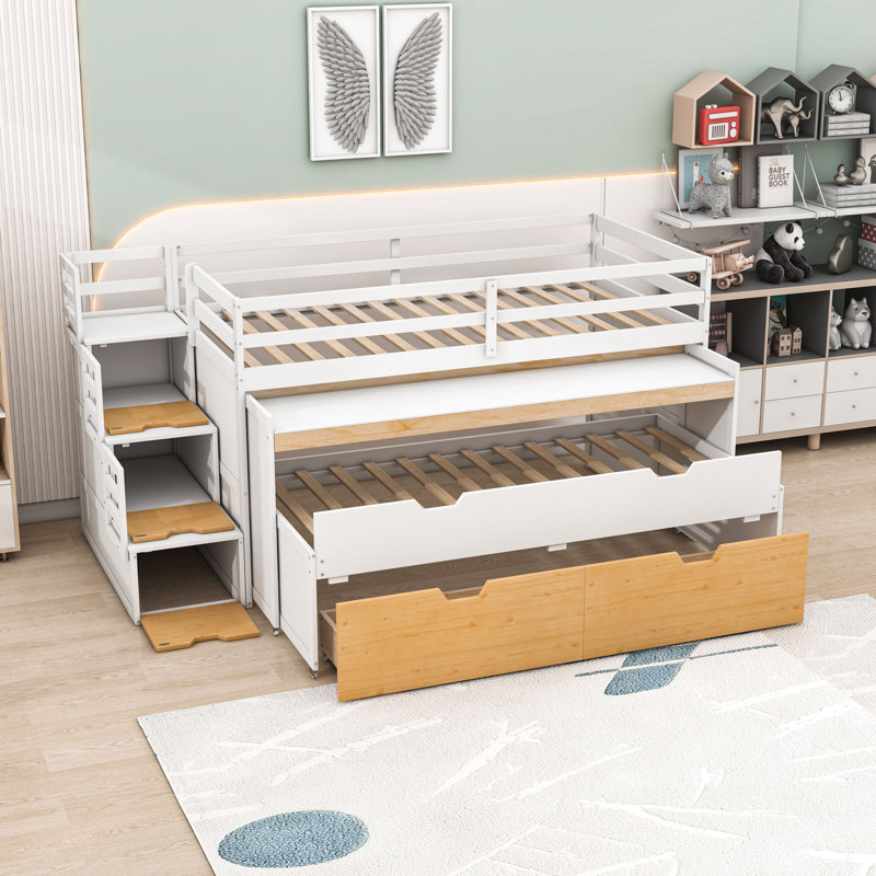 Lit mezzanine en bois avec bureau divisé et lit gigogne simple, tiroirs, Extra Long Twin, White Wood