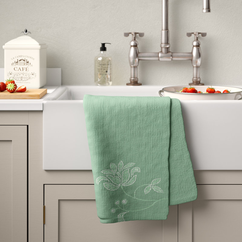 Single Bloom Poly Twill Tea Towel, Green