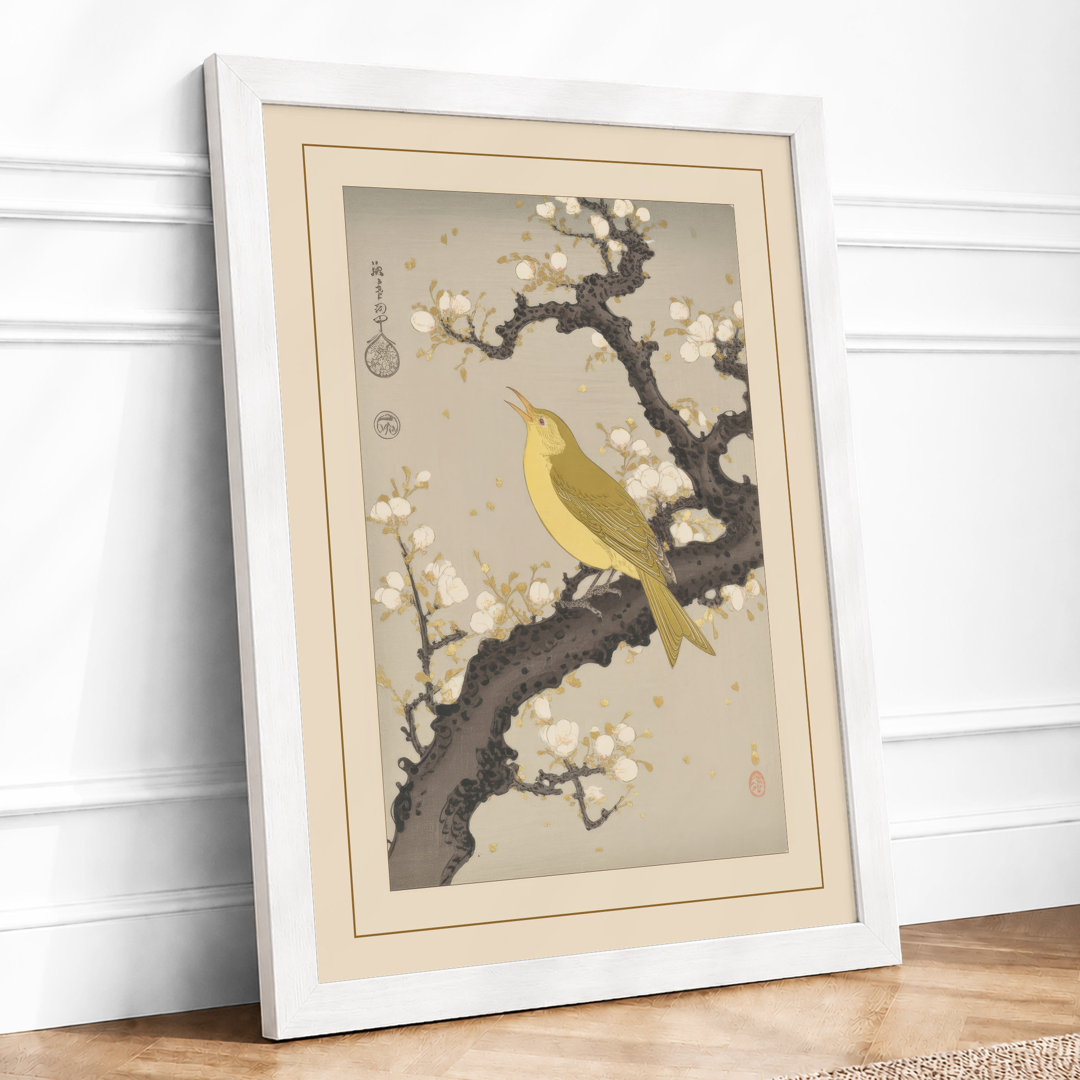 Bird on Blossom Branch Japandi - Framed Print