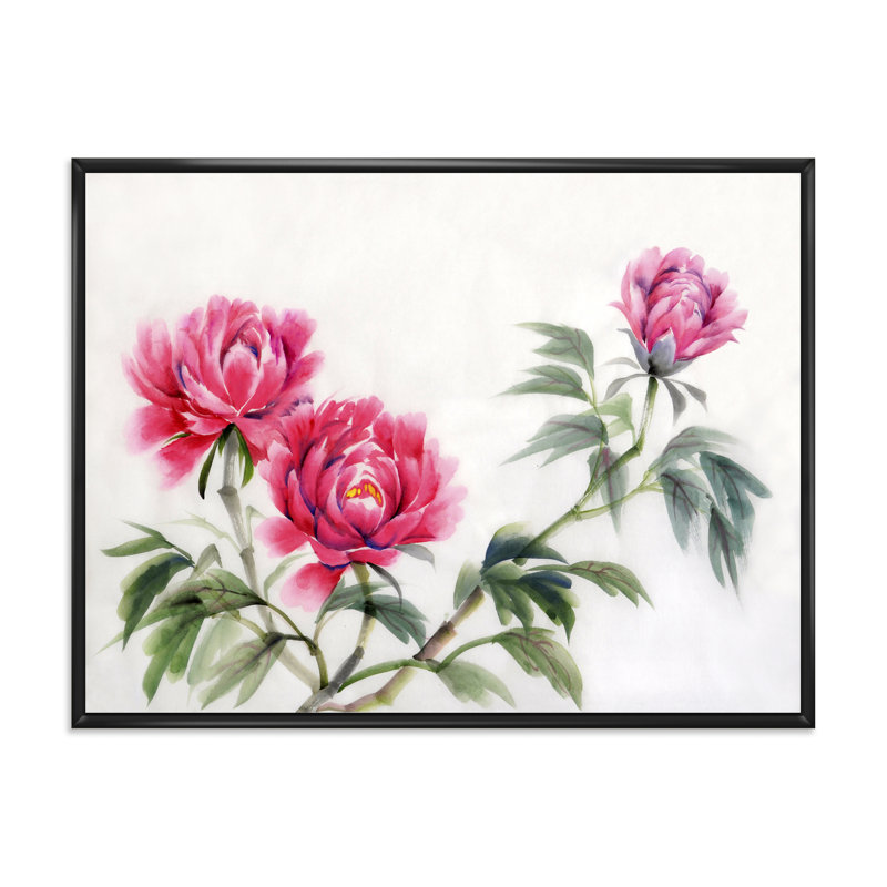 Trois pivoines rétro - reproduction sur toile, Toile avec cadre noir, H 24 po x l 32 po x P 1 po