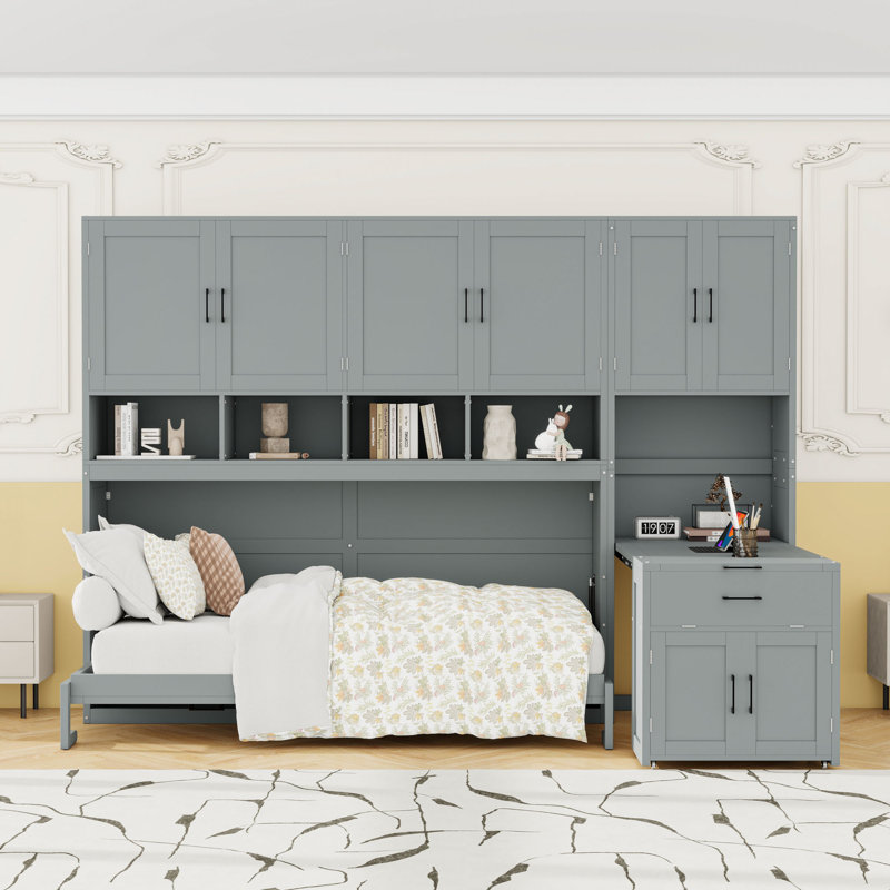 Lit escamotable simple en bois avec tablettes de rangement, garde-robe et bureau, Gris
