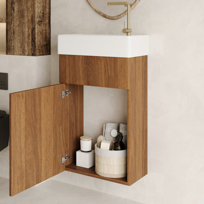 Meuble-lavabo flottant de 16,5 pouces avec lavabo en céramique, trou de robinet simple et porte, idéal pour les décorations de style moderne, rangement à fermeture douce convenant à un décor champêtre français