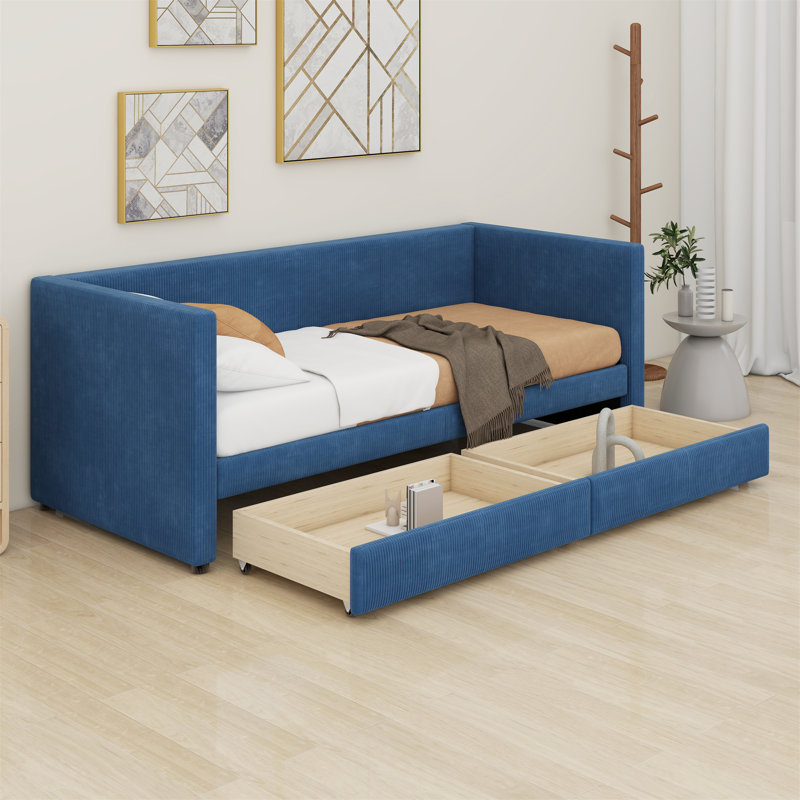 Corduroy Daybed With Two Drawers And Wood Slat, Blue