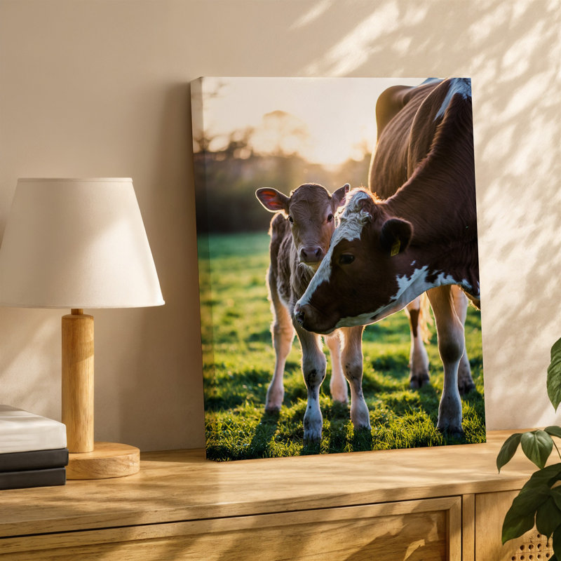 Reproduction d'art sur toile "Scène réconfortante d'une mère vache et son mollet", H 20 po x l 20 po