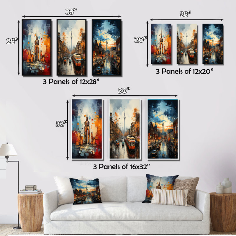 "Allemagne Berlin mur restants" - 3 pièces sur toile, Encadré naturel, H 32 po x l 48 po