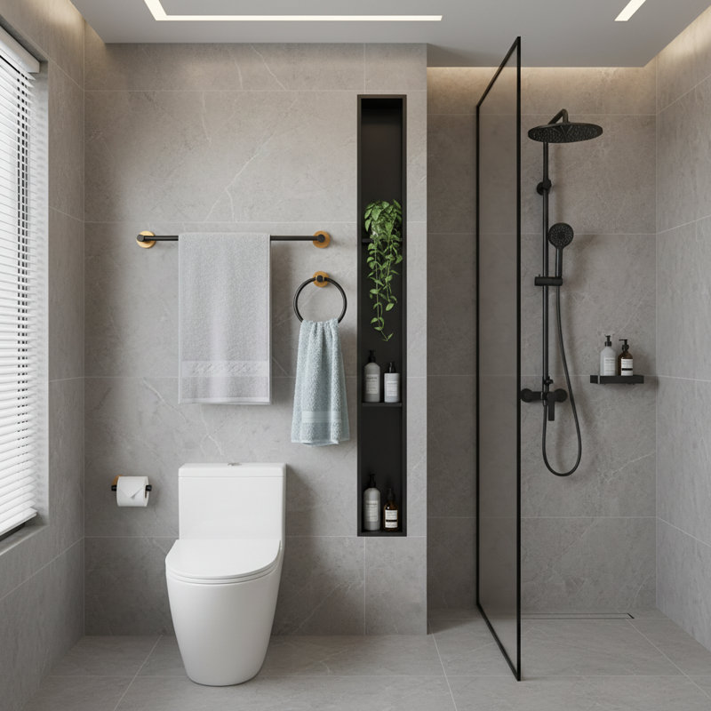 Ensemble d'accessoires de salle de bain en aluminium 3 pièces antirouille et extensible de 16 po à 27 po, Noir mat / Or