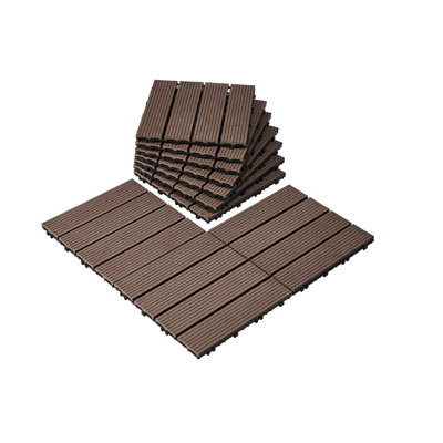 Dalles de terrasse emboîtables en plastique imitation bois, paquet de 10, 30 x 30 cm (12 x 12 po), 0,93 m² (10 pi²), imperméables et résistantes aux intempéries, idéales pour terrasse, porche, balcon, jardin ou terrasse en bois, brun foncé.