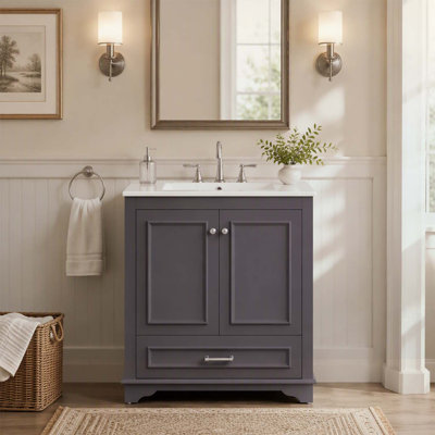 Meuble-lavabo de salle de bain luxueux de 76 cm avec lavabo en céramique et portes à fermeture douce, structure en bois massif pour un rangement durable