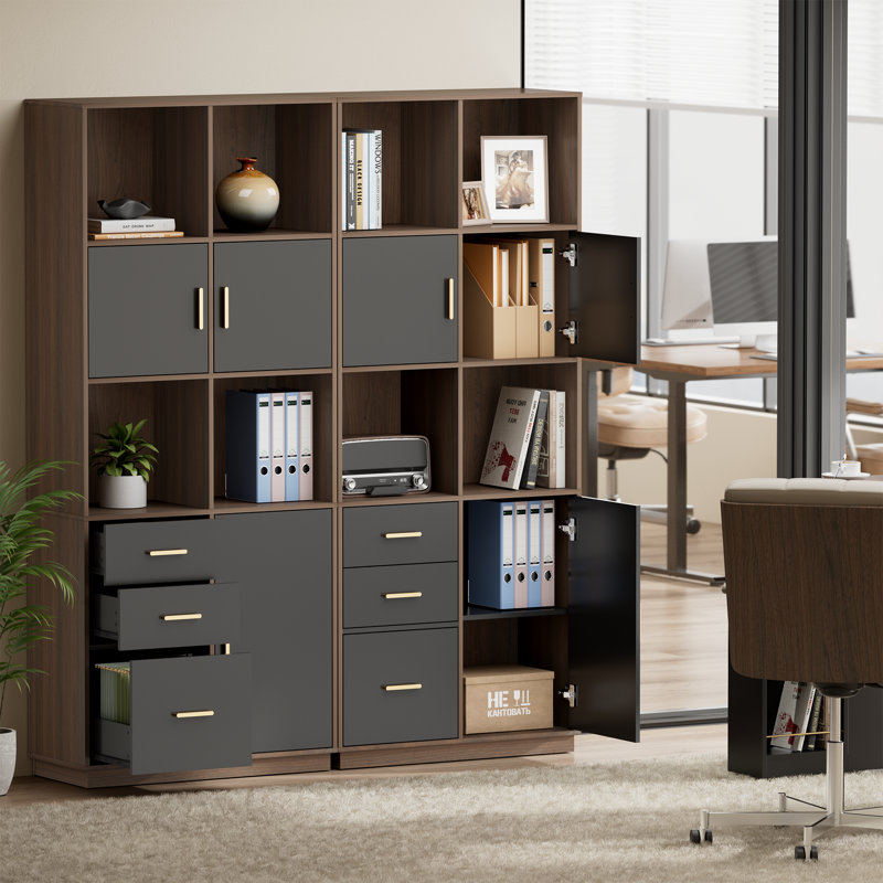 Bibliothèque moderne 74,6 "avec tablettes, tiroirs et portes réglables - Vitrine à plancher en bois à 5 niveaux pour le salon, le bureau personnel