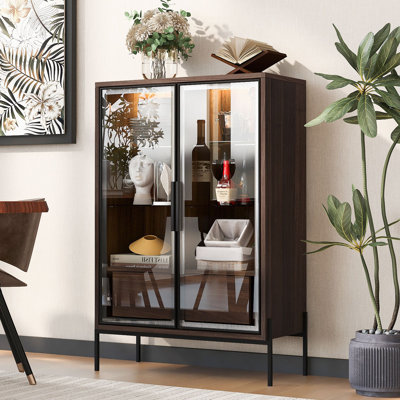 Freestanding Display Cabinet, Pantry With 2 Storage Drawers And Glass Doors, Curio Cabinet With 4-Tier Adjustable Shelves And LED Light