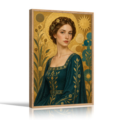 Woman in Teal Gown with Gold Mosaic Halo Canvas Wall Art