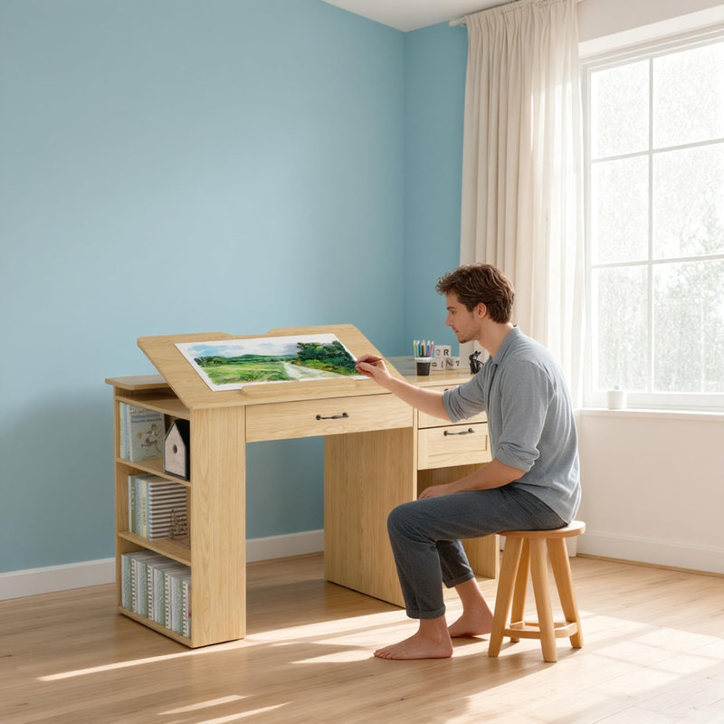 Bureau à dessin de 47,2 po, poste de travail et table à dessin avec planche à dessin inclinable, table à dessin avec plateau coulissant et tiroirs pour le bureau personnel, la chambre à coucher et le studio d'artiste