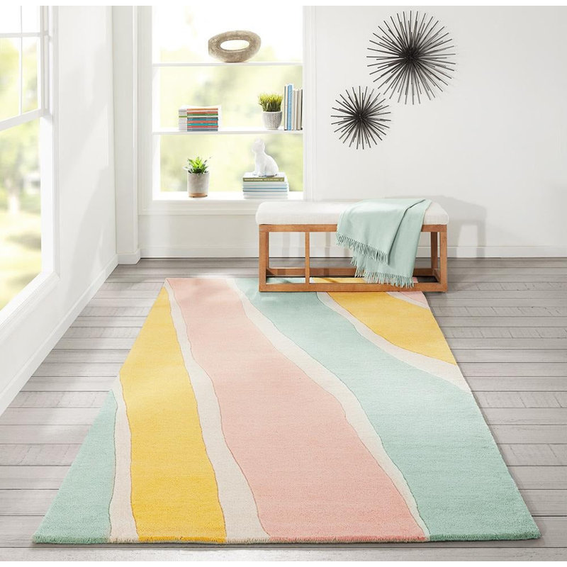 Tapis jaune / vert / rose en laine touffeté à la main Delmar, Rectangle 3 pi 6 po x 5 pi 6 po