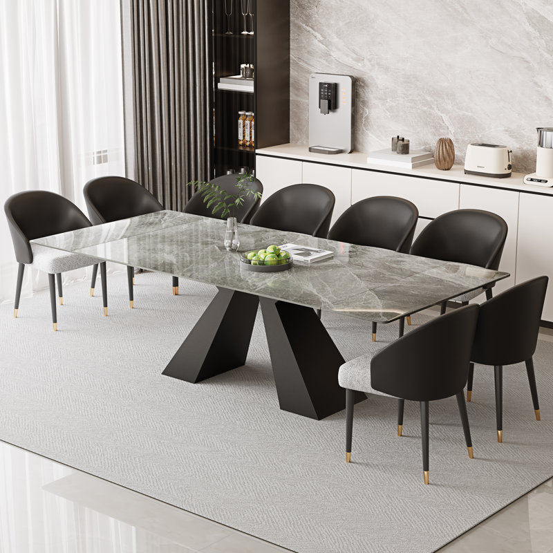 Ensemble de table de salle à manger extensible 94,5 po avec plateau en pierre frittée rectangulaire et 8 chaises en similicuir