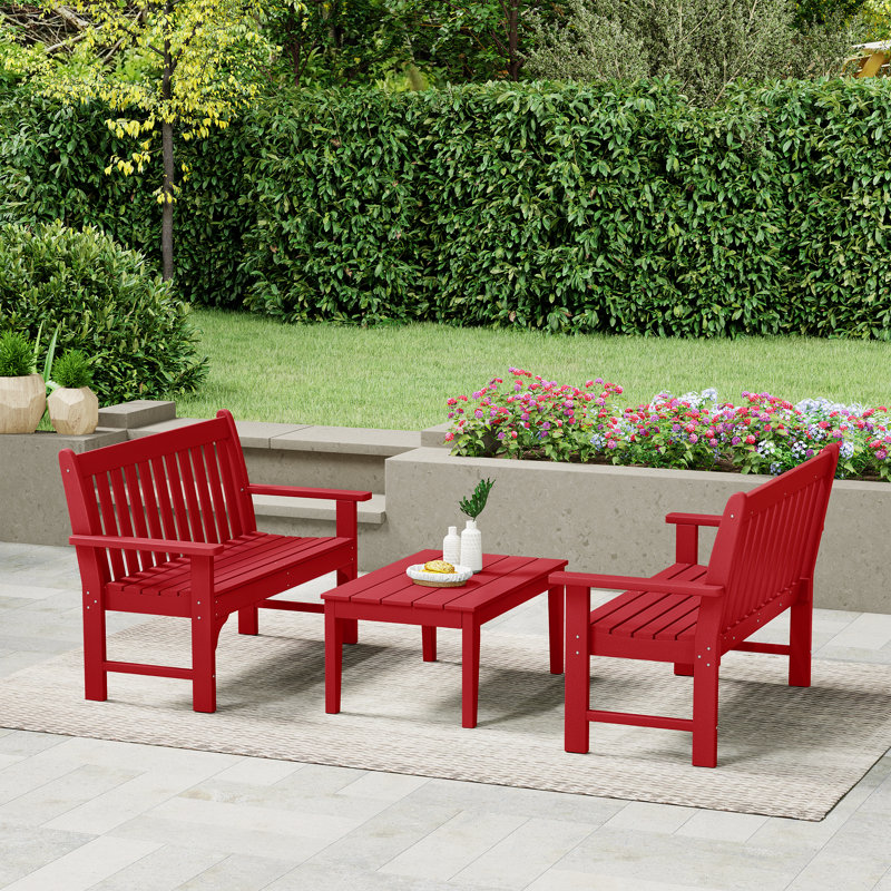 Banc 3 pièces avec table basse Poly, 3 pièces: 1 table basse, 2 bancs, Rouge