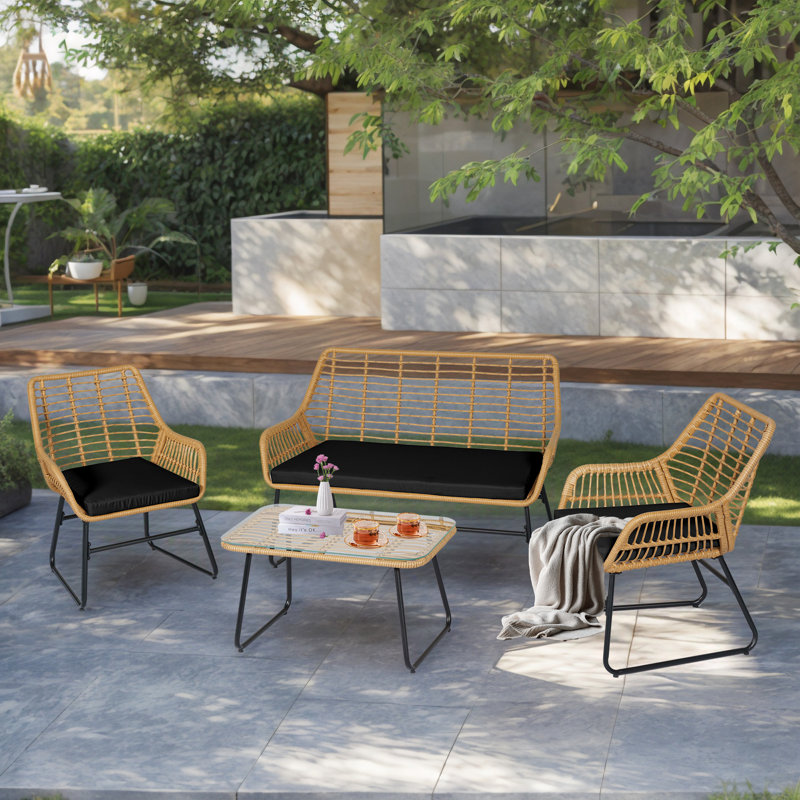 Gonneke 4 Piece Outdoor Rattan Sofa Seating Group With Cushions, Black