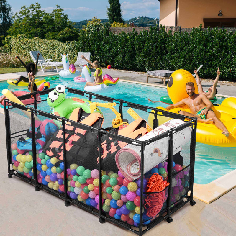  Metal Frame 12 Wheels Rolling Pool Toys Float Storage Bin with Side Pocket 65"L x 30"W x 33"H, Black