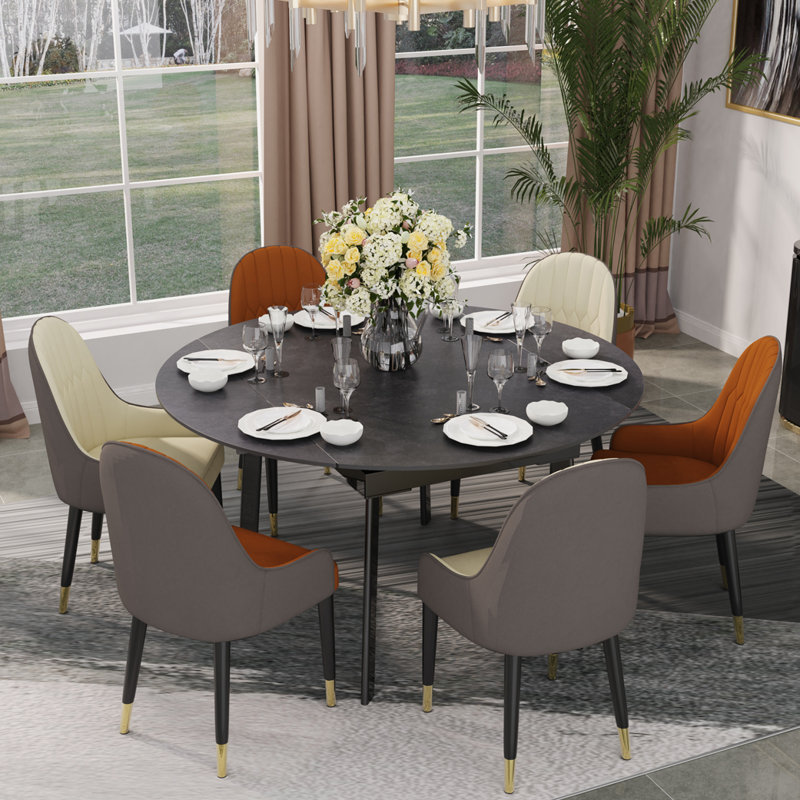 Champale Extendable Round Stone Top Metal Base Dining Table, Matte Black