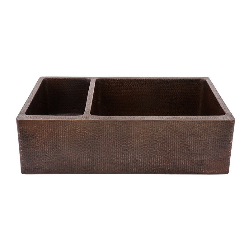 33" Hammered Copper Kitchen Apron 25/75 Double Basin Sink with Matching Drains, and Accessories, Oil Rubbed Bronze