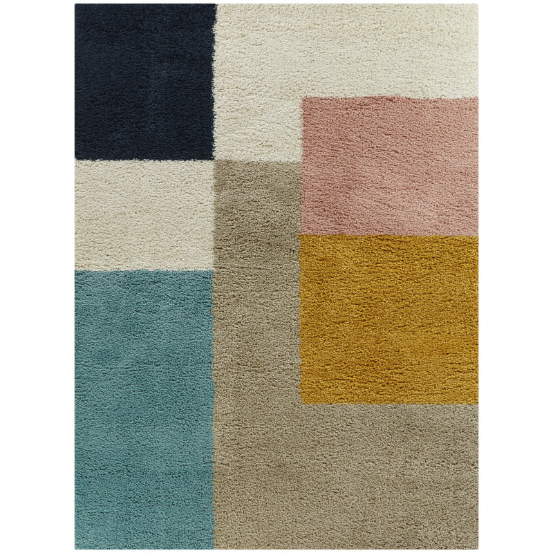 Tapis géométrique beige / jaune / bleu / rose, Rectangle 7 pi 10 po x 10 pi