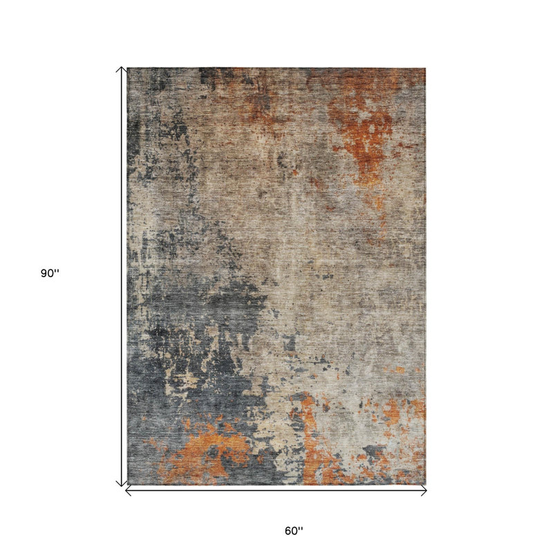 Tapis extérieur lavable abstrait gris kaki et cuivre 5 pi x 8 pi
