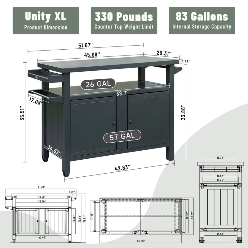 Armoire de rangement pour barbecue avec roulettes, table de barbecue en métal pour l'extérieur, Gris