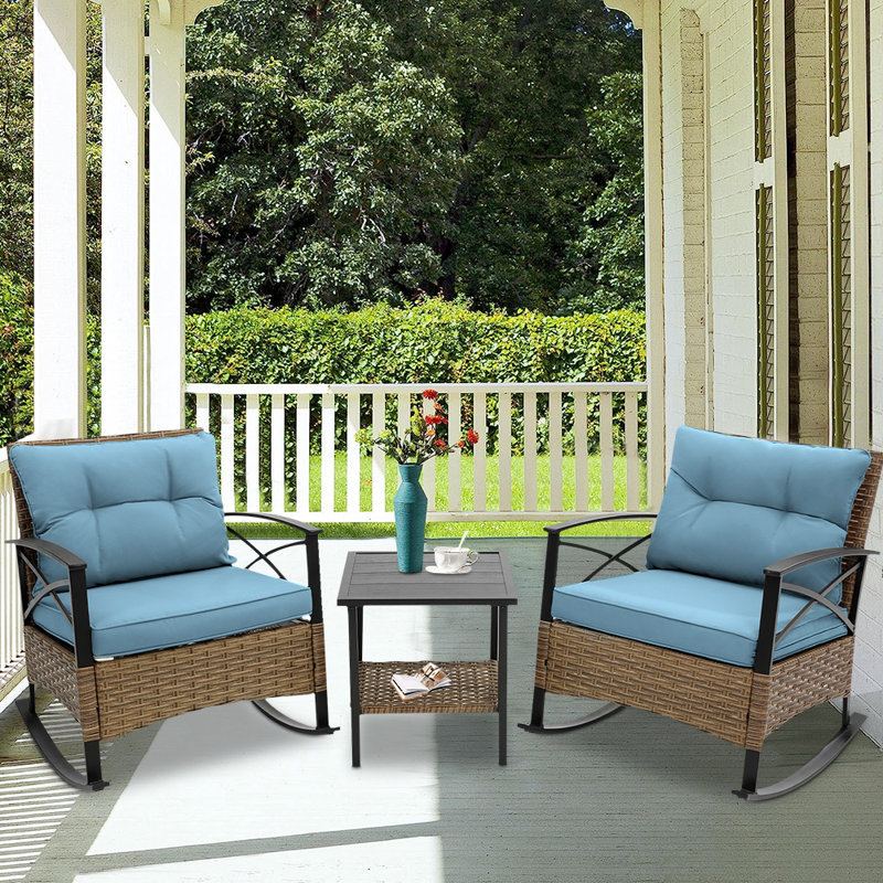Barbary 3-Piece Brown Rattan Patio Rocking Bistro Set with Blue Cushions
