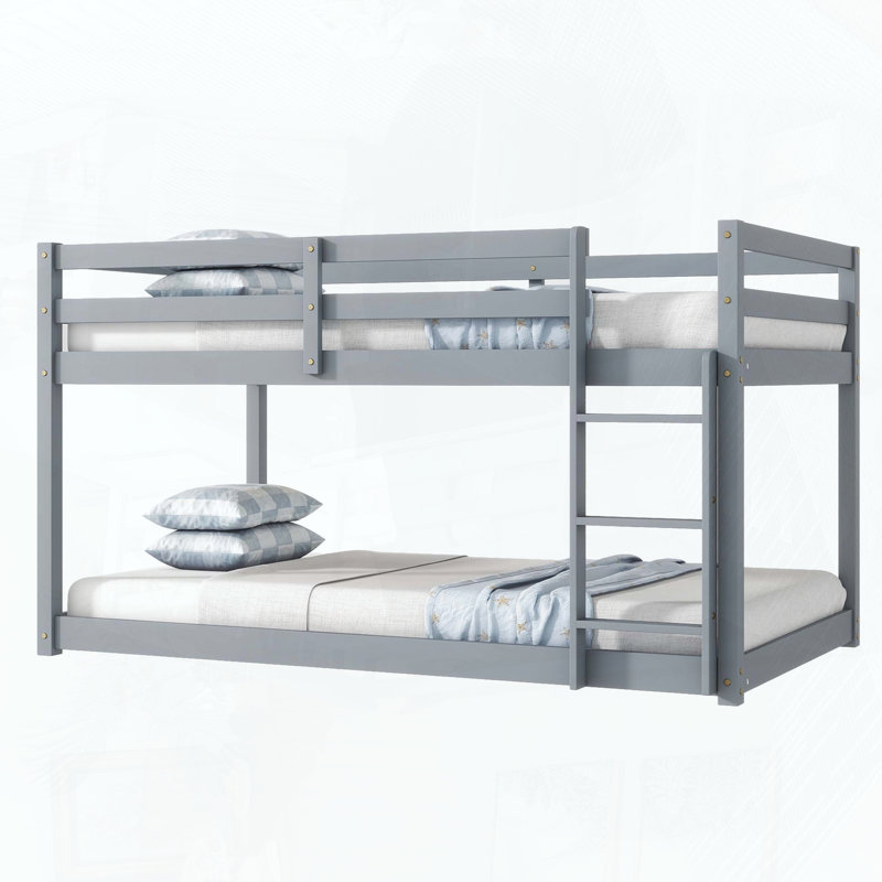 Twin Over Twin Rubber Wood Floor Bunk Bed with Ladder (Upper Slats Only), Gray