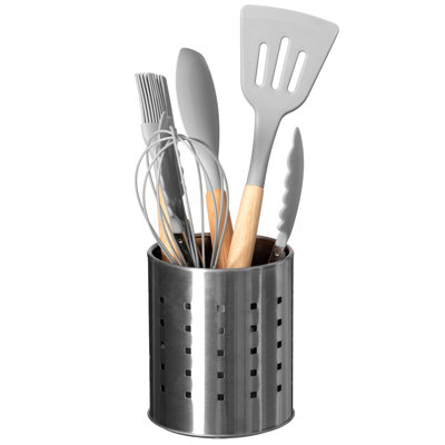  Organisateur de comptoir rond en métal pour ustensiles avec trous de bonde pour cuillères, spatules, couverts et argenterie Solution de rangement élégante pour comptoir de cuisine, argent