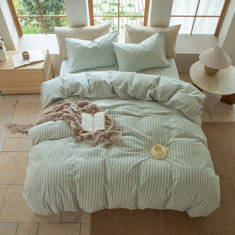 Ensemble de housse de couette rayé 100% coton délavé DONEUS, Vert sauge / blanc