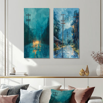 Blue Yellow Energy Evolution Power Lines I - Power Lines Wall Art 2 Pieces Set