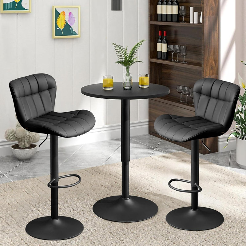 3 Piece Height-adjustable Pub Table And Leathered Pedestal Bar Stool Dining Set, Black