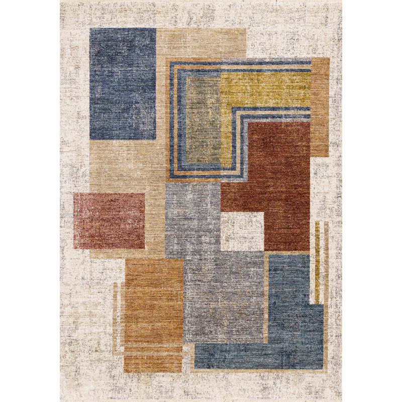 Marquist Red Cream Blue Shapes Dense Low-Pile Indoor Area Rug, Rectangle 5'3" x 7'10"