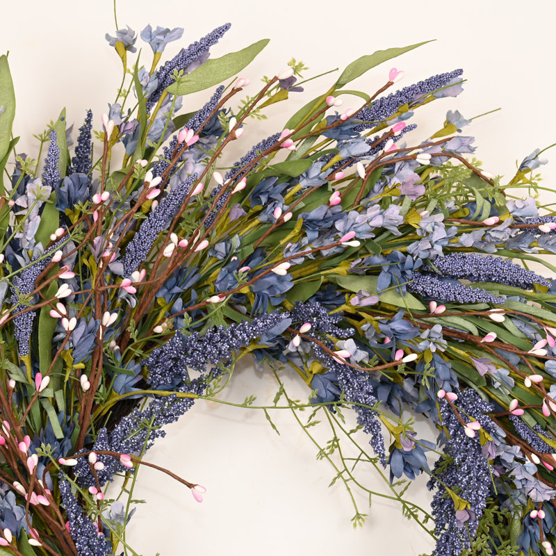 Couronne de porte de 22 po de style champêtre artificiel avec feuilles et fleurs, Rose