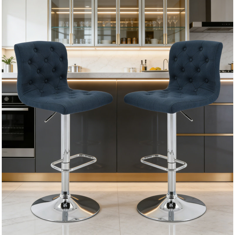 Tufted Fabric Bar Stools Set of 2, Adjustable Swivel Counter Height Barstools with Back, Upholstered Armless Airlift Bar Chairs for Kitchen Dining Cafe