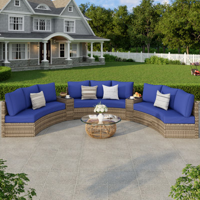 Leiny 11 Piece Rattan Sofa Seating Group With Cushions and Side Tables, Blue
