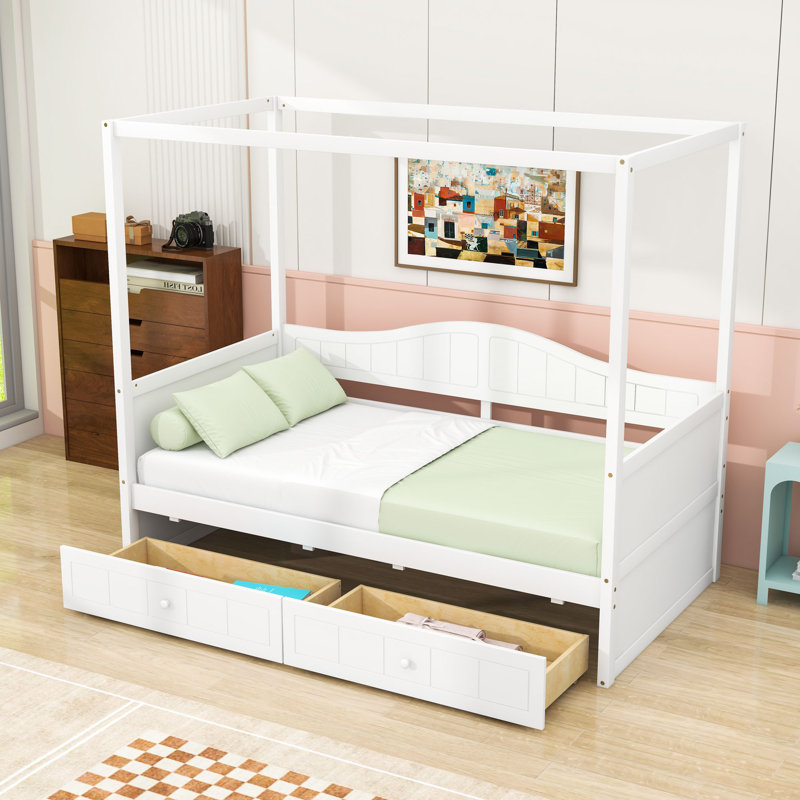 Tauya Twin Size Wood Canopy Daybed with 2 Drawers, White