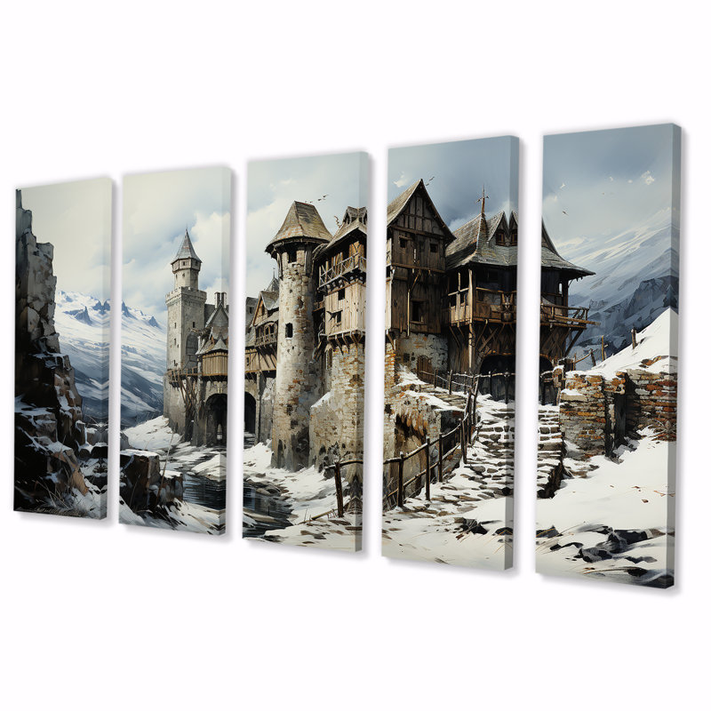 Art mural 5 pièces pour salon Mediaval Castle In Winter Charm I - Châteaux, H 28 po x l 60 po
