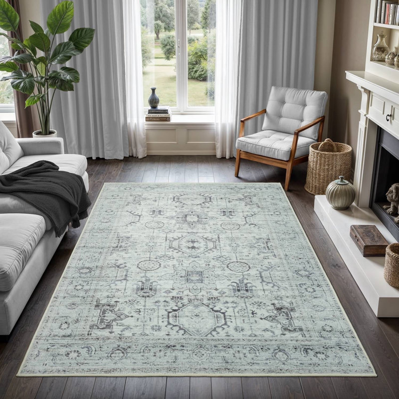 GLN Rugs Stain Resistant Machine Washable Area Rug-Vintage Persian Boho Distressed Aesthetic-Non-Slip Backing-Indoor Floor Home Decor for Bedroom Kitchen Living & Dining Room, Cream/Gray