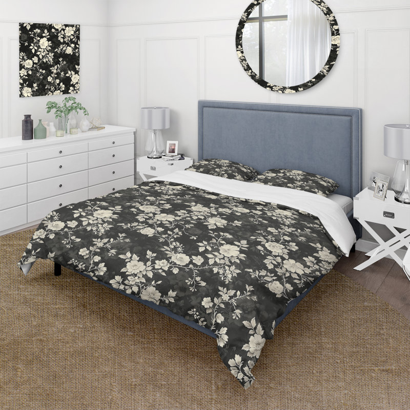 Ensemble de housse de couette noir et blanc Country Flowers II, Housse de couette très grand + 2 taies décorativ