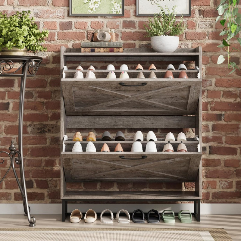 16 Pair Flip Down Shoe Storage, Light Rustic Oak